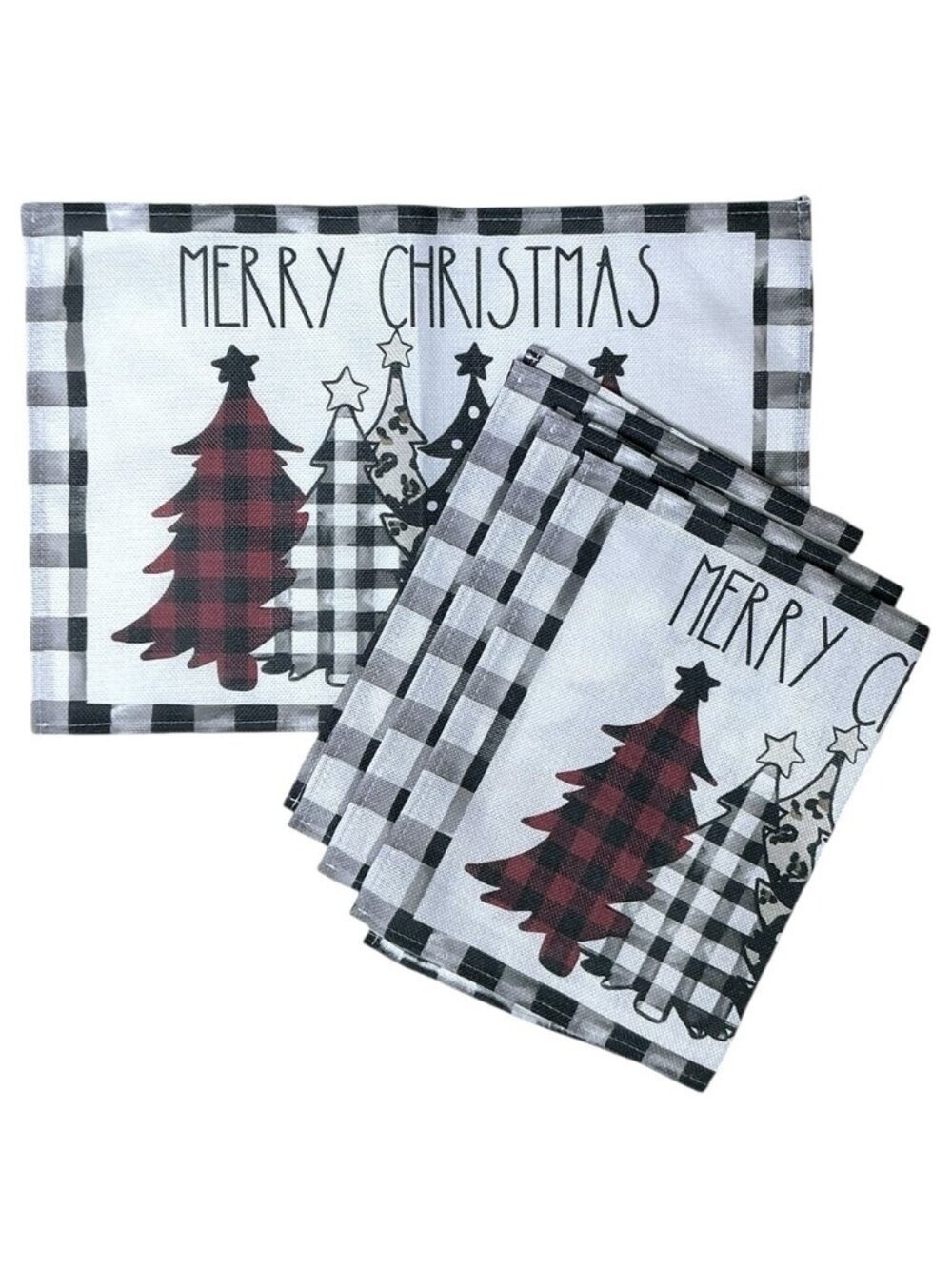 Christmas Placemats Trees Buffalo Plaid Placemats Black White 12 x 18 4 PC Set - Picture 3 of 16